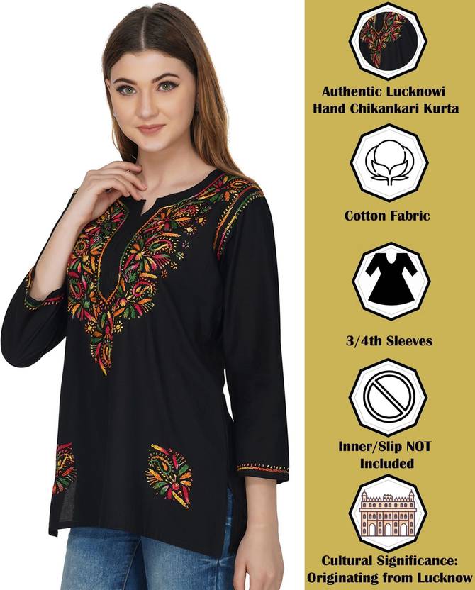 VAHSON Chikan Embroidery, Embroidered Cotton Blend Straight Kurta for Women
