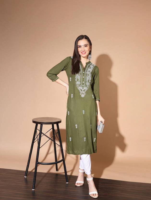 ANGITA Chikan Embroidery Viscose Rayon Straight Kurta for Women