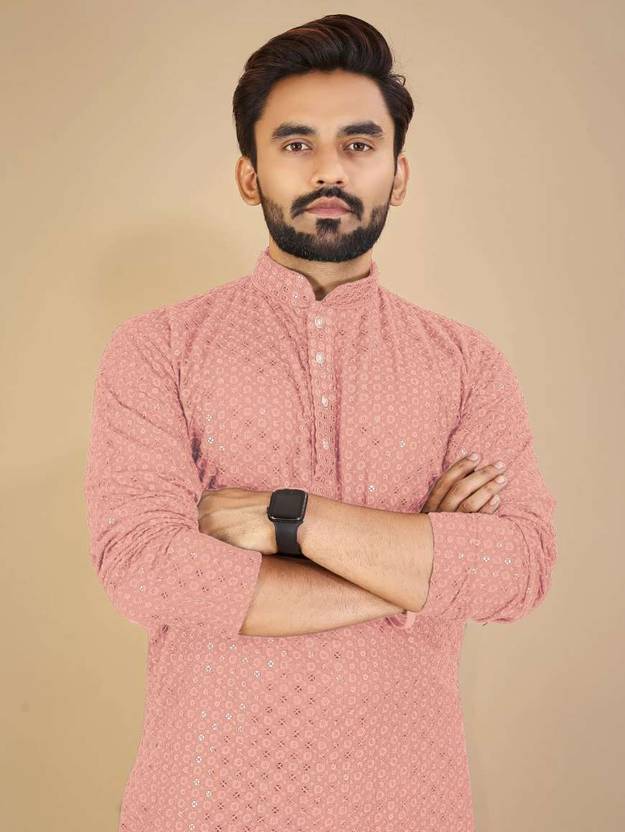 OMICRON FAB Men Chikan Embroidery Straight Kurta