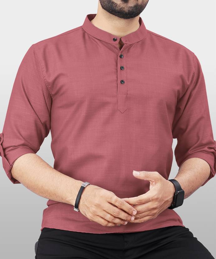 VeBNoR Men Solid Polyester Straight Kurta (Pink)