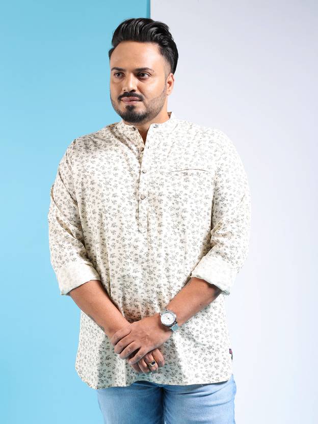Hardsoda Men Floral Print Pure Cotton Straight Kurta (Beige)
