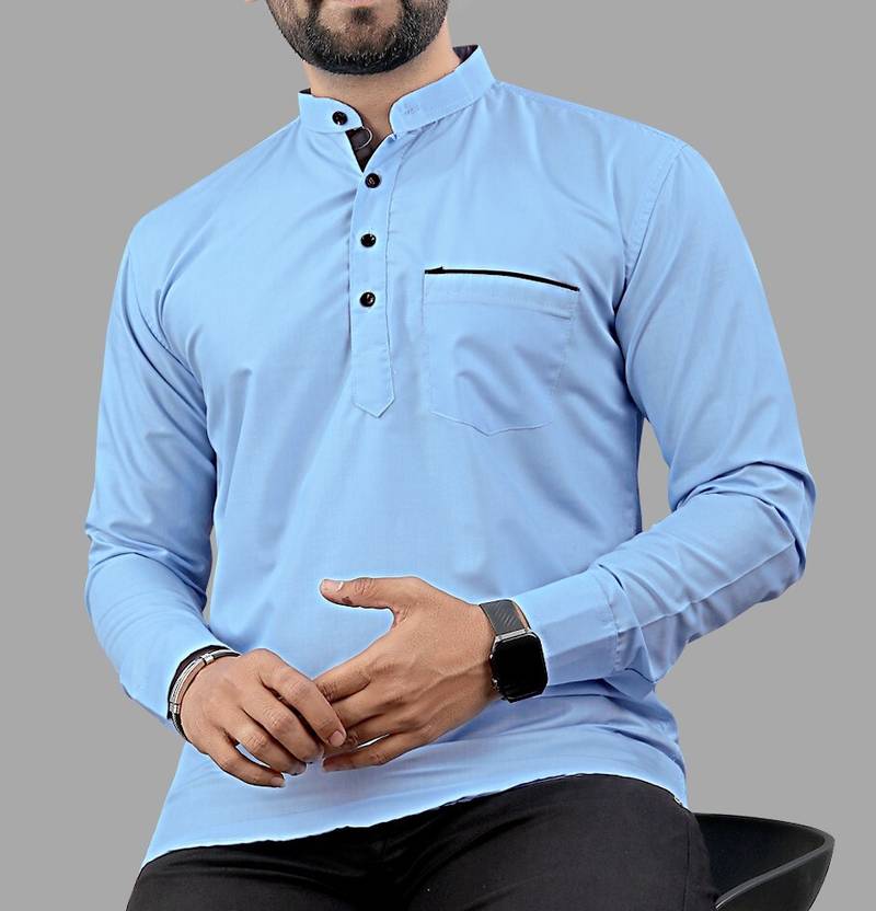 Nofilter Men Solid Cotton Blend Straight Kurta (Light Blue)