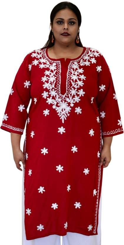 myplusfashion Chikan Embroidery Viscose Rayon Straight Kurta for Women