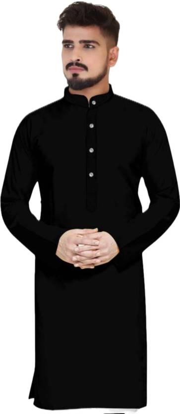 VINAARI Men Solid Cotton Blend A-line Kurta (Black)