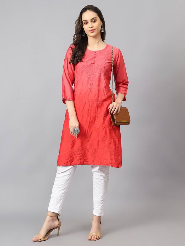 NAZAQAT ETHNIC INDIA Chikan Embroidery Chanderi Straight Kurta for Women