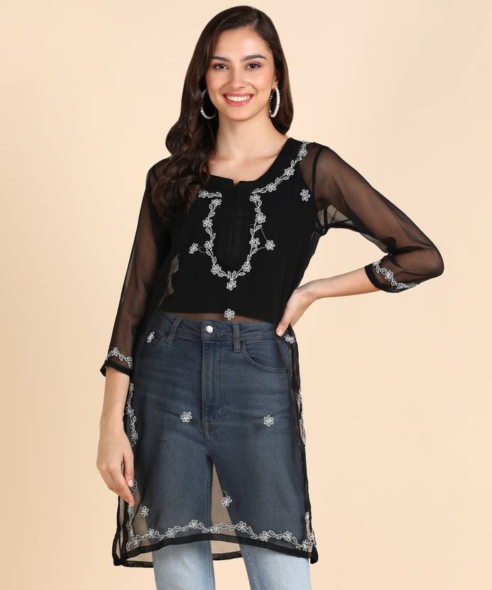 VAHSON Chikan Embroidery, Embroidered Georgette A-line Kurta for Women