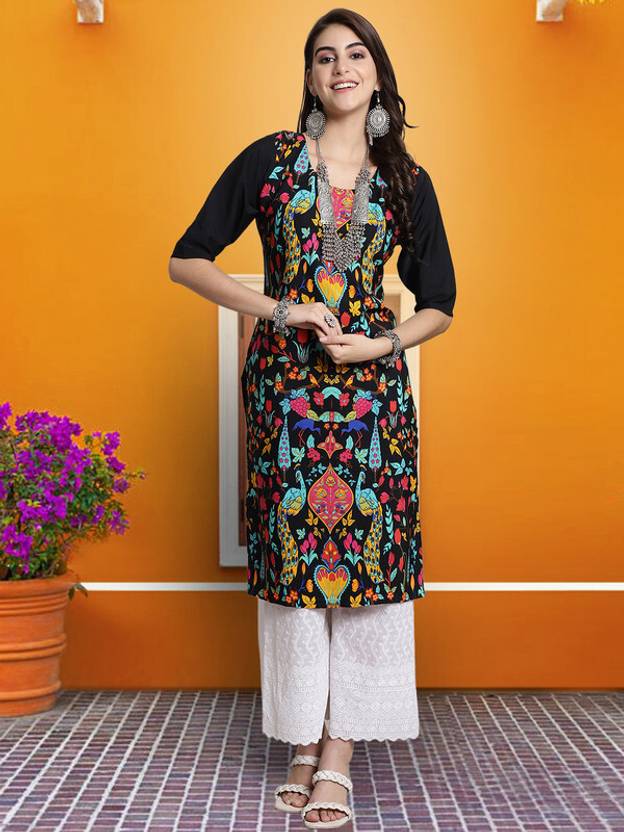 EthnicBasket Women Printed Crepe Straight Kurta  (Multicolor)
