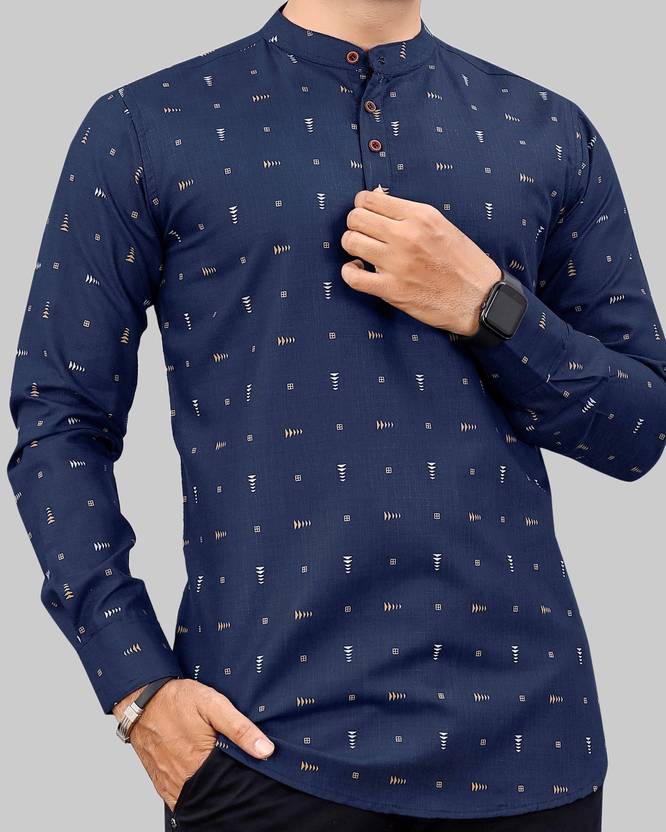 NIVICK Men Printed Cotton Blend Straight Kurta (Dark Blue, White)