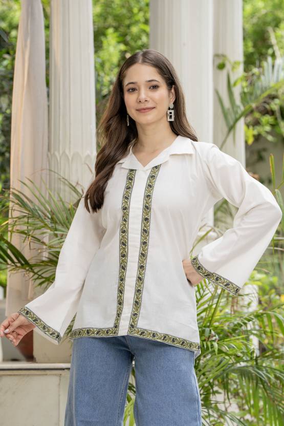 Daevish Casual Bell Sleeves Solid Women White Top