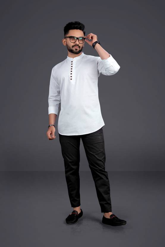 Men Solid Cotton Blend Straight Kurta  (White)