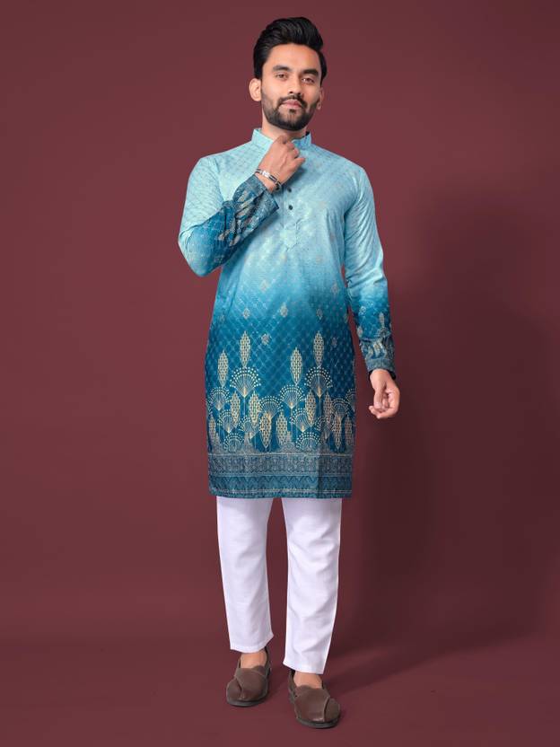 LeipZig Floral Print Cotton Rayon Straight Kurta for Men