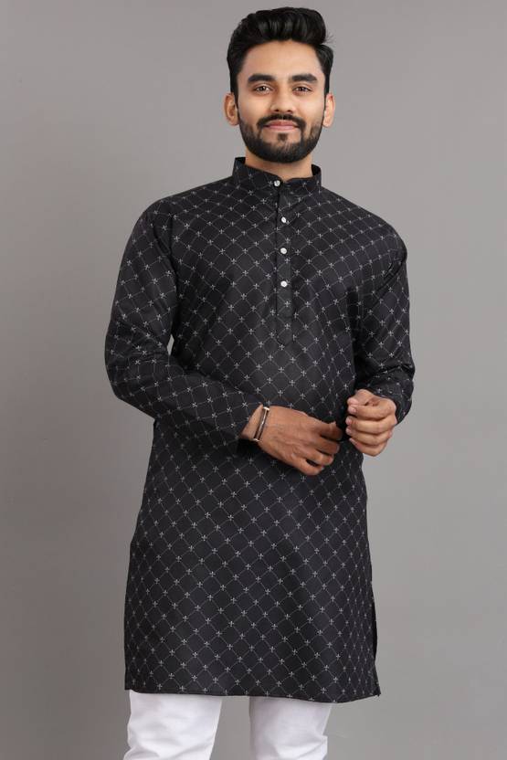 SOPANI Men Printed Cotton Blend Straight Kurta (Black)