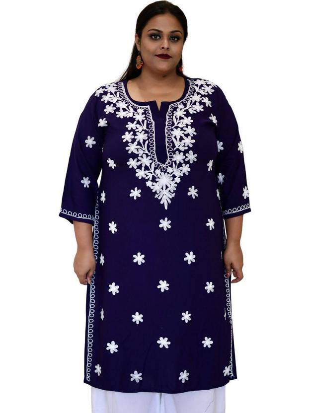 myplusfashion Chikan Embroidery Viscose Rayon Straight Kurta for Women