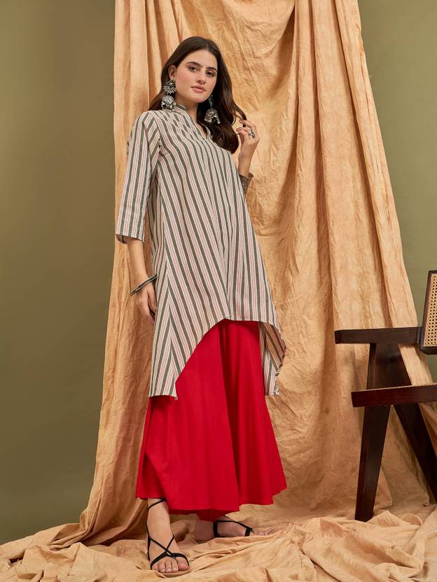 InWeave Striped Pure Cotton High Low Kurta for Women