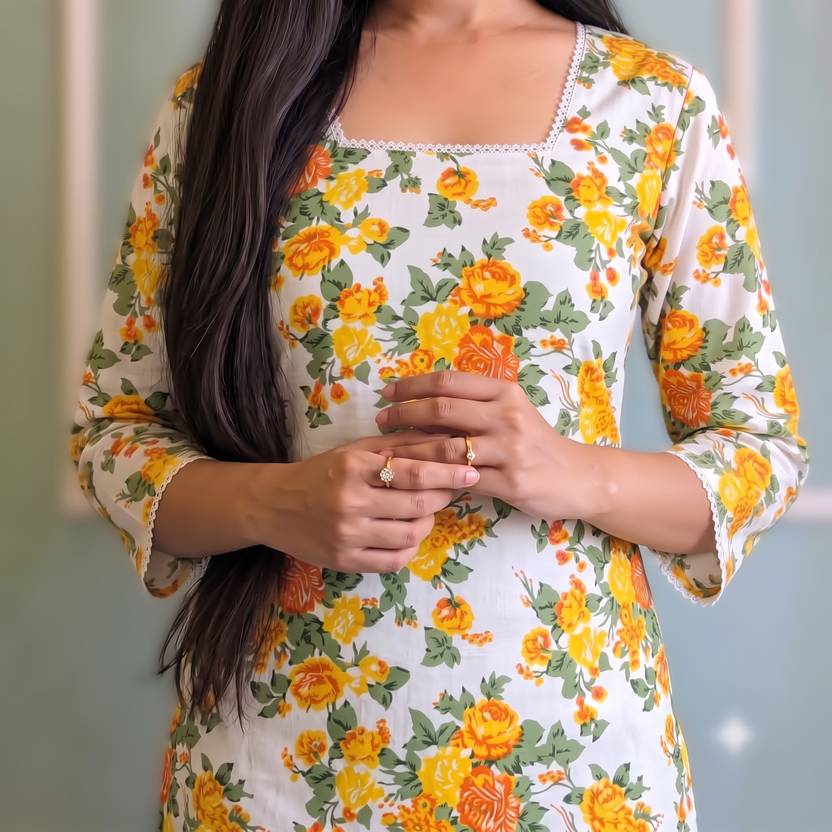 AuzaSho Collection Floral Print Cotton Blend Straight Kurta for Women
