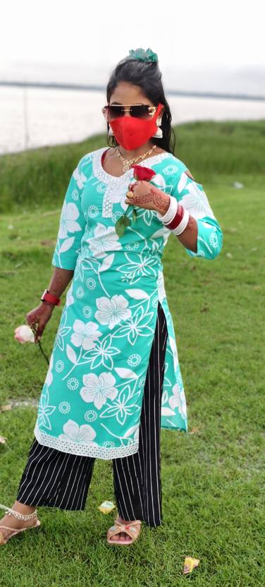 TRENDYNS Printed Cotton Blend Straight Kurta for Women