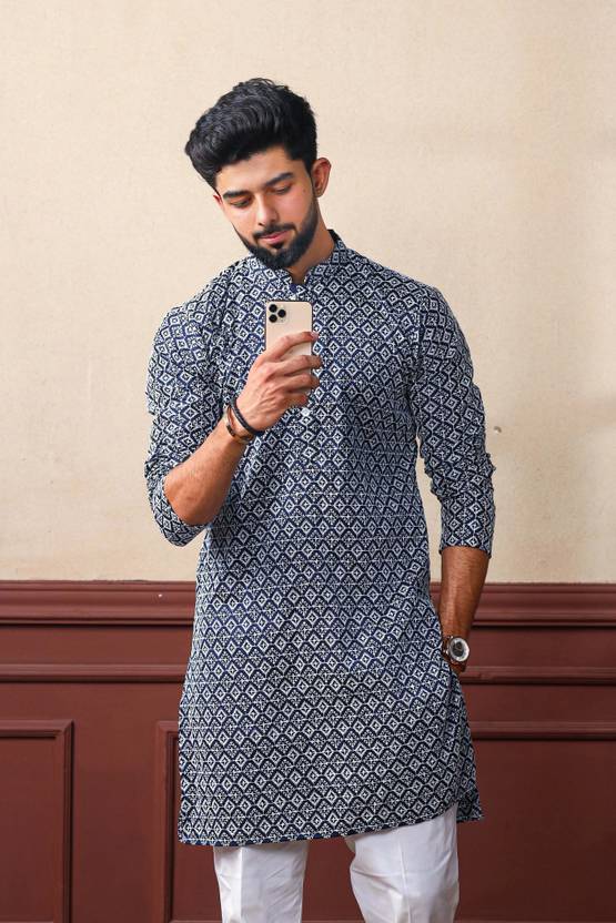 Koshin Men Embroidered Khadi Silk Straight Kurta (Dark Blue)