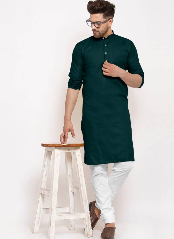Krudha Creation Men Solid Cotton Blend Straight Kurta (Dark Green)
