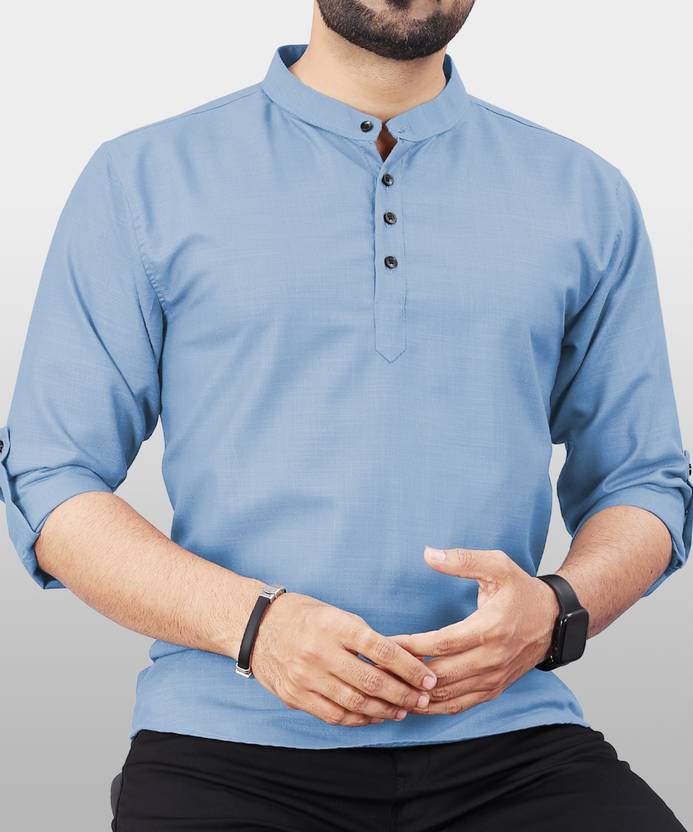 VeBNoR Men Solid Polyester Straight Kurta (Light Blue)