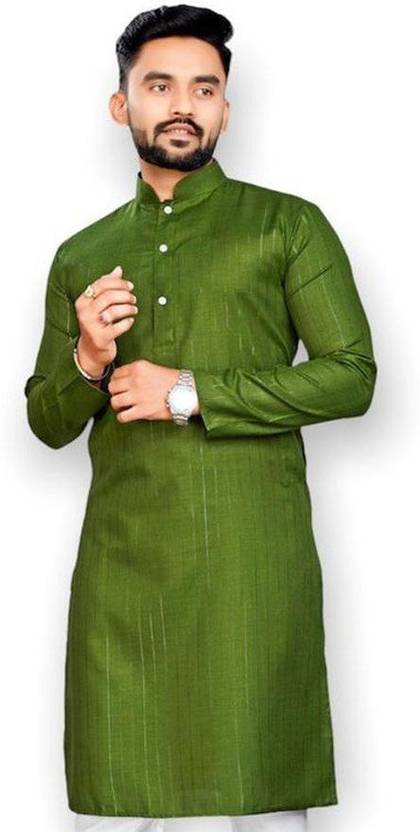 Krudha Men Solid Cotton Blend Straight Kurta (Green)