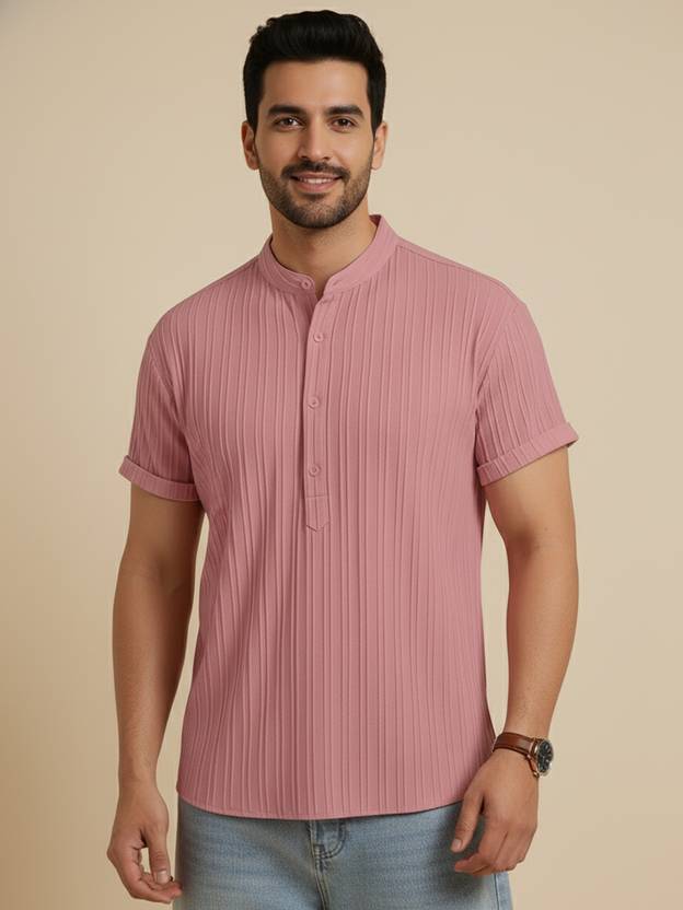 Webric Men Regular Fit Self Design Mandarin Collar Casual Shirt