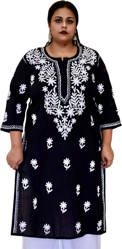 myplusfashion Chikan Embroidery Pure Cotton Straight Kurta for Women