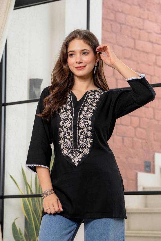 Daevish Casual Regular Sleeves Embroidered, Floral Print Women Black Top
