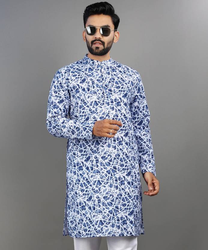 VeBNoR Men Printed Cotton Blend Straight Kurta (Dark Blue)
