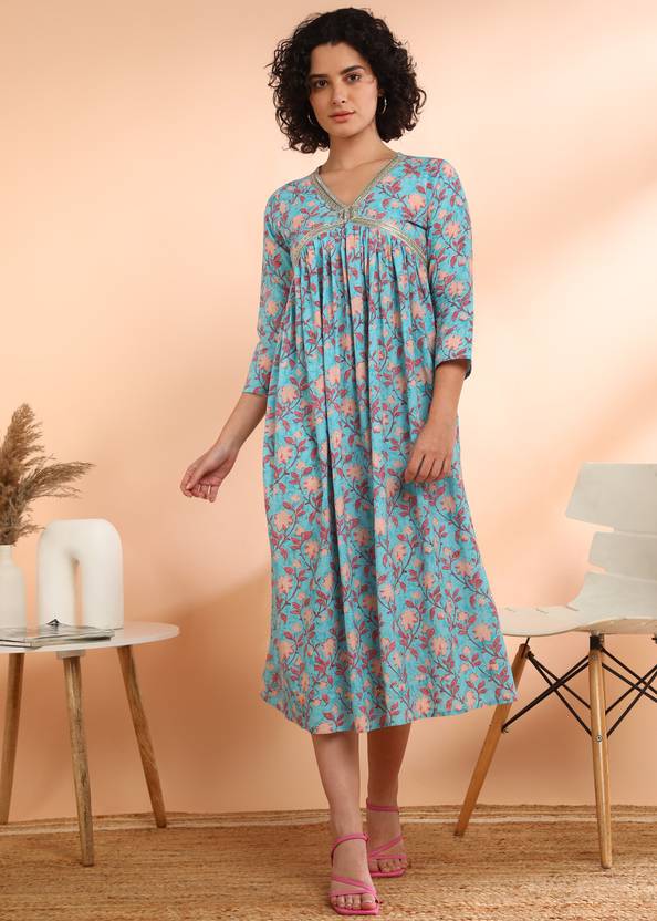 maaesa Floral Print Cotton Blend Flared Kurta for Women