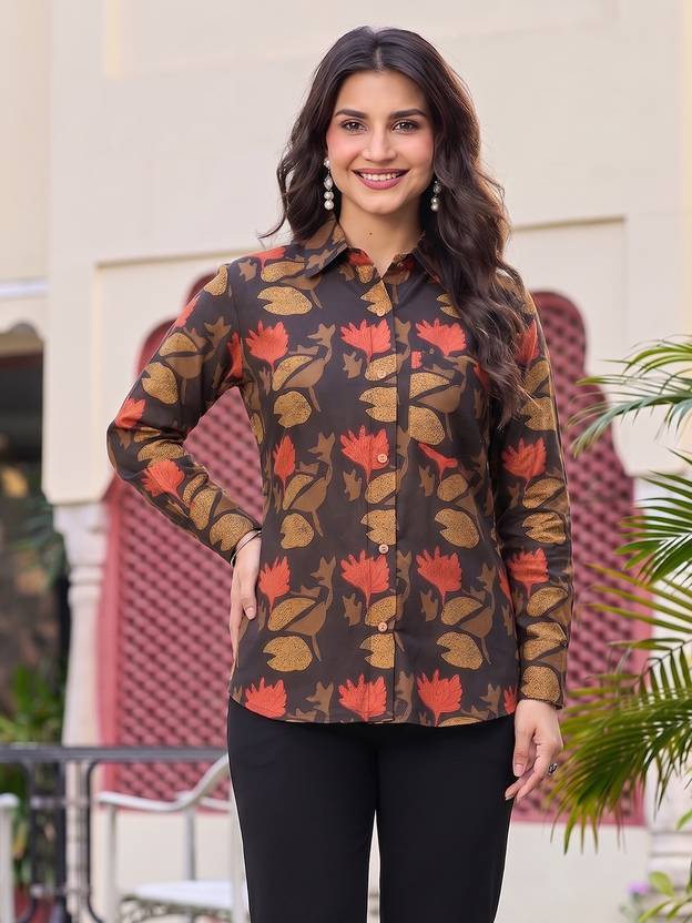 KALINI Women Regular Fit Printed Curved Collar Casual Shirt