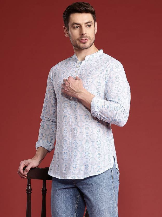 ANOUK Men Printed Cotton Blend Straight Kurta (White)