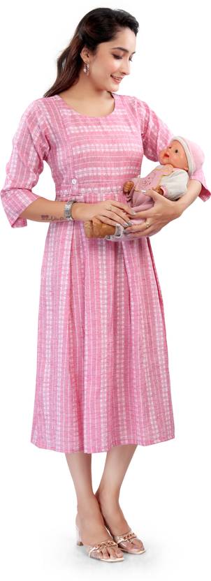 B2Fashion Women Fit and Flare Pink Midi/Calf Length Dress