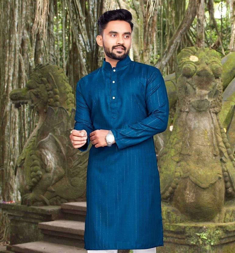 Tezys Men Striped, Self Design Cotton Blend Straight Kurta (Blue)