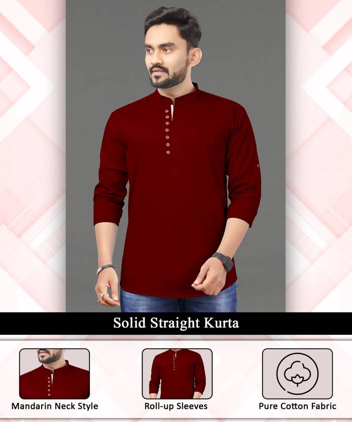 Men Solid Pure Cotton Straight Kurta  (Maroon)