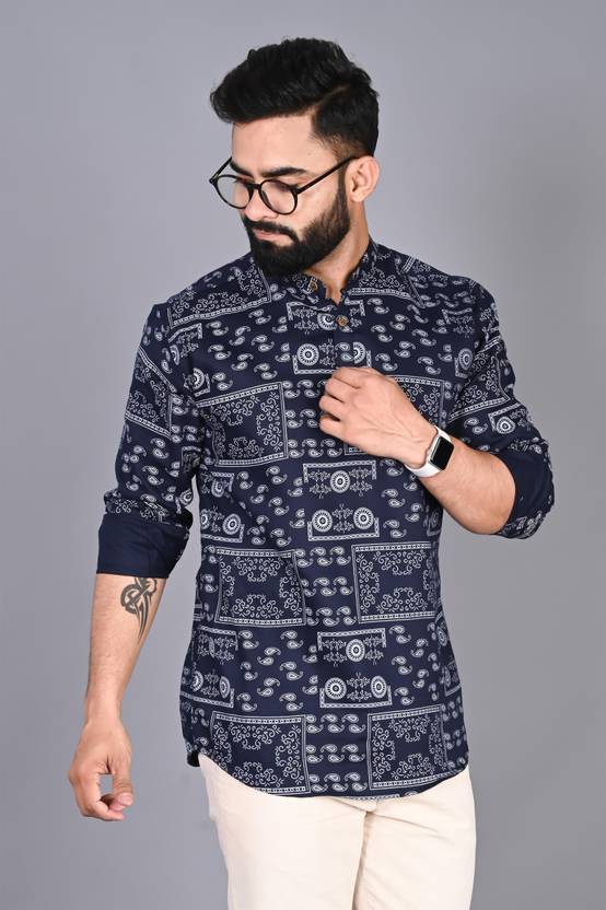 FUBAR Men Printed Cotton Blend Straight Kurta (Dark Blue, White)