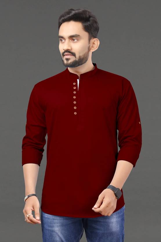 Men Solid Pure Cotton Straight Kurta  (Maroon)