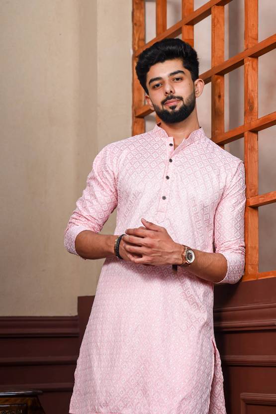 Koshin Men Embroidered Khadi Silk Straight Kurta (Pink)