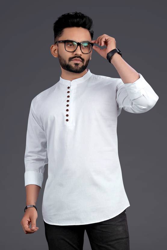 Men Solid Cotton Blend Straight Kurta  (White)