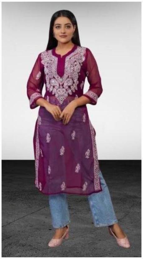 Sheeraz enterprise Embroidered Georgette Straight Kurta for Women