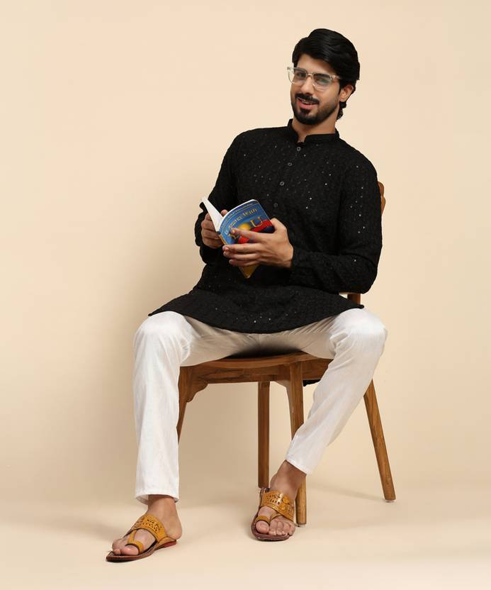 Rawayi Chikan Embroidery Cotton Rayon Straight Kurta for Men