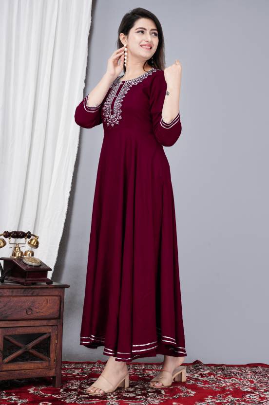 [Sizes XL, XXL, 3XL] Nikhat Solid Viscose Rayon Stitched Anarkali Gown  (Maroon)