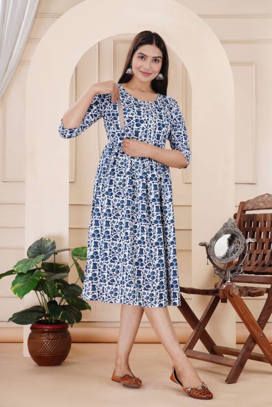 Priyas Creation Women Printed Cotton Rayon Ethnic Dress  (Blue)