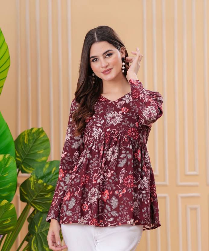 Light Daisy Printed Viscose Rayon Flared Kurta for Women