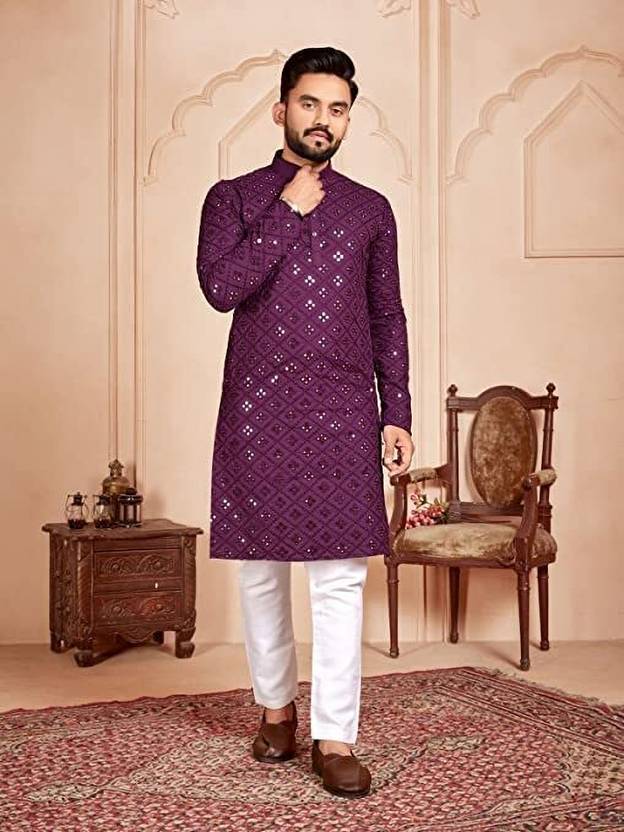 DM FASHION CLUB Men Printed Cotton Blend A-line Kurta (Purple)