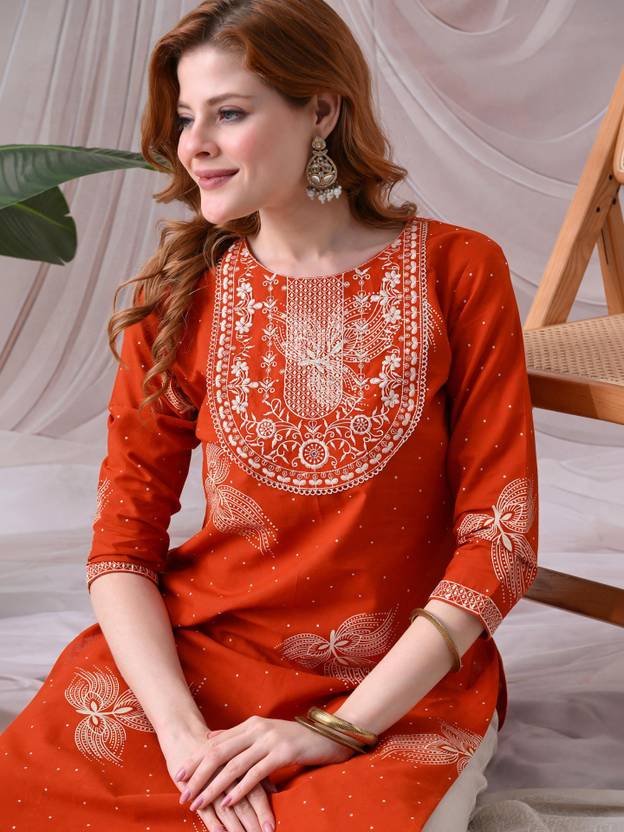 KJFAB Printed Pure Cotton Straight Kurta for Women