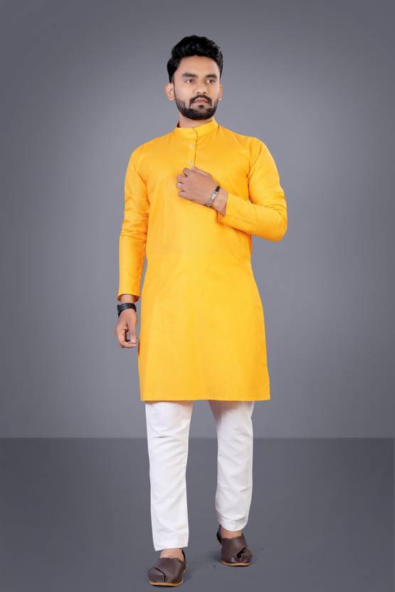 TARA GLOBAL Men Solid Cotton Blend Straight Kurta (Yellow)