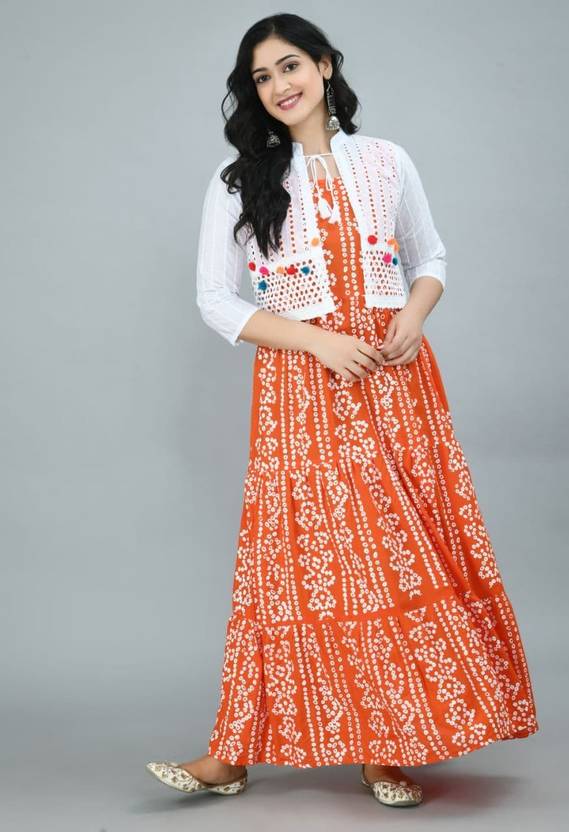 Printed Rayon Blend Stitched Flared/A-line Gown  (Orange)