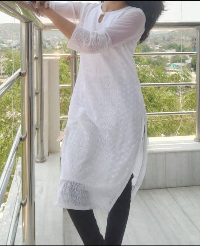 GUFRINA Chikan Embroidery Georgette Straight Kurta for Women