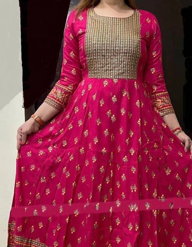 Women Printed Viscose Rayon Anarkali Kurta  (Pink)