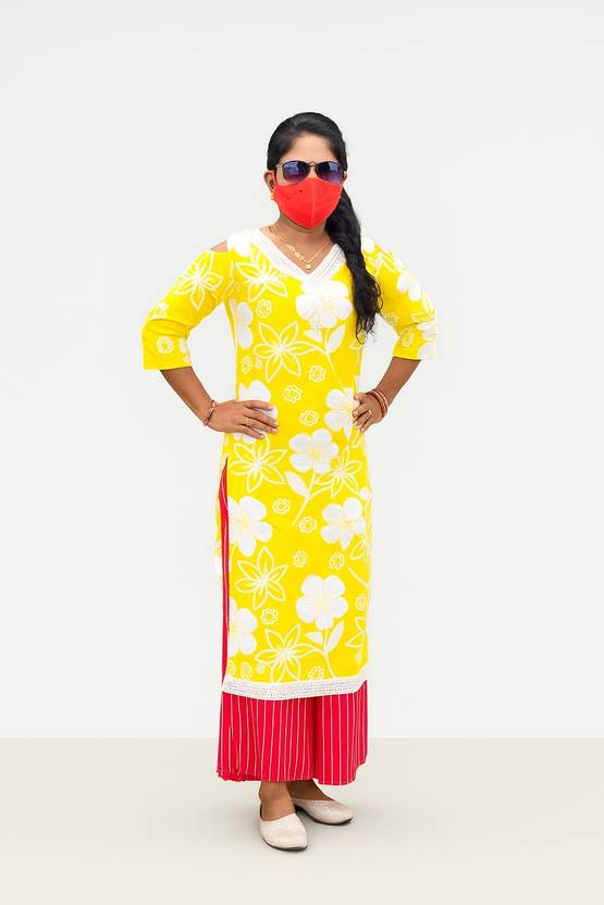 TRENDYNS Floral Print Cotton Blend Straight Kurta for Women